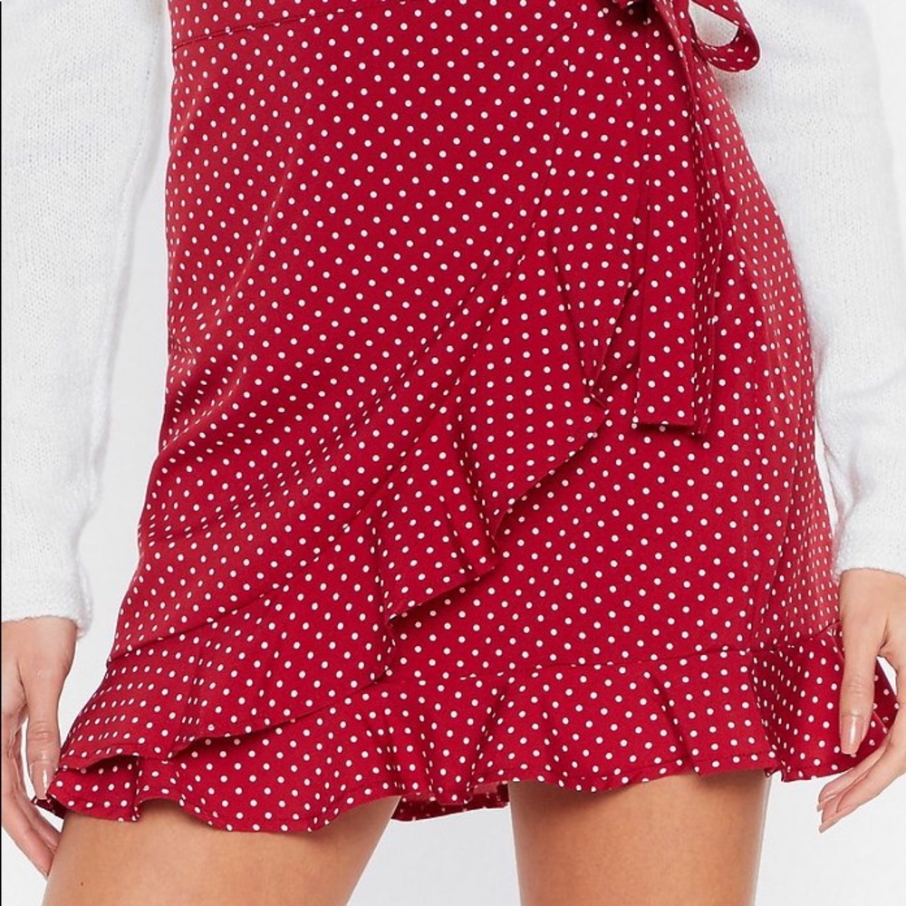 Red and White Polka Dot Wrap Mini Skirt - Picture 2 of 5